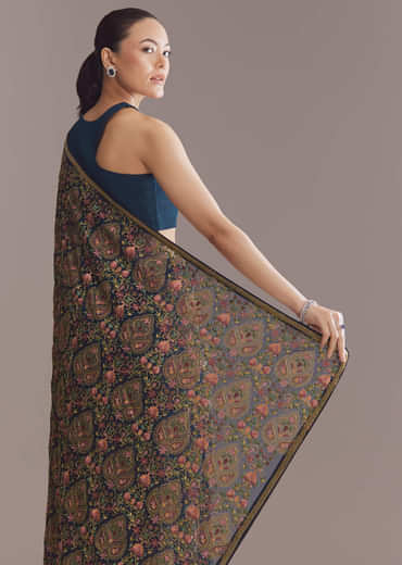 Navy Blue Georgette Saree With Kashmiri Kashida Embroidery