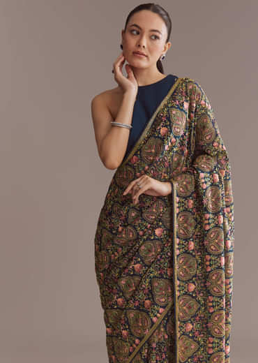 Navy Blue Georgette Saree With Kashmiri Kashida Embroidery