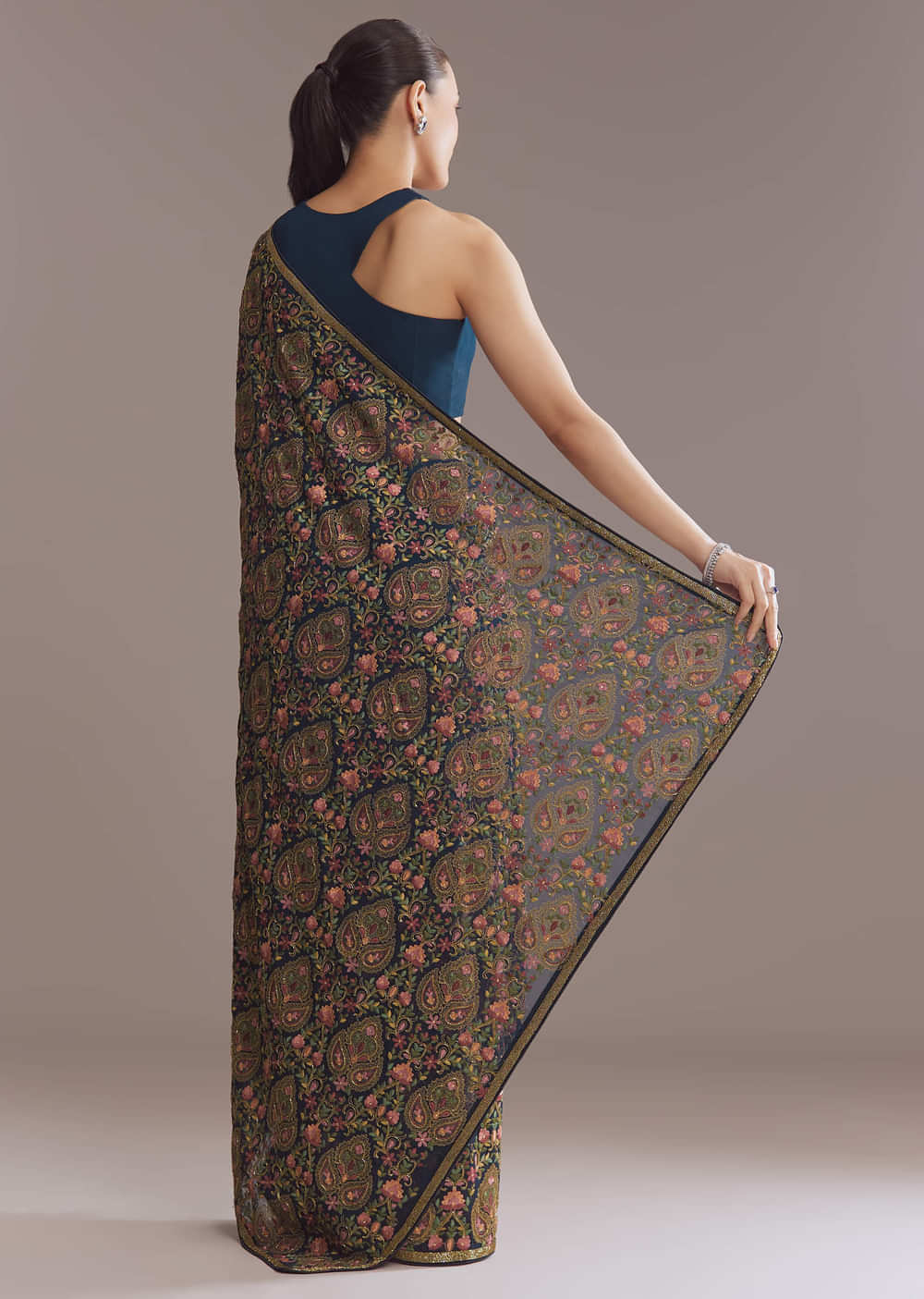 Navy Blue Georgette Saree With Kashmiri Kashida Embroidery
