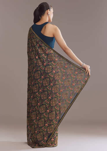 Navy Blue Georgette Saree With Kashmiri Kashida Embroidery