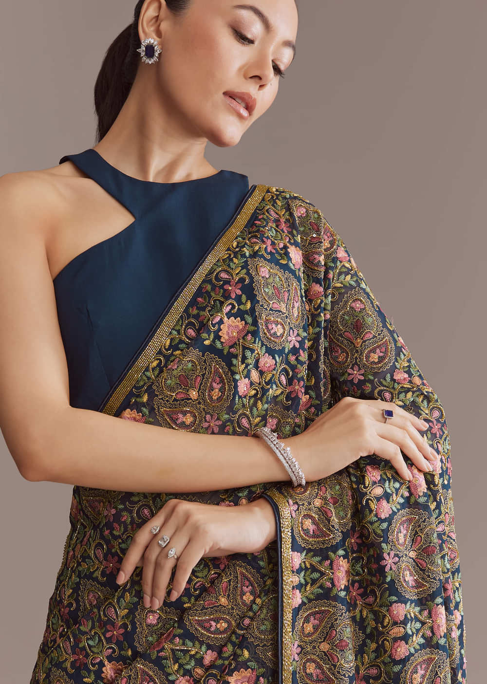 Navy Blue Georgette Saree With Kashmiri Kashida Embroidery