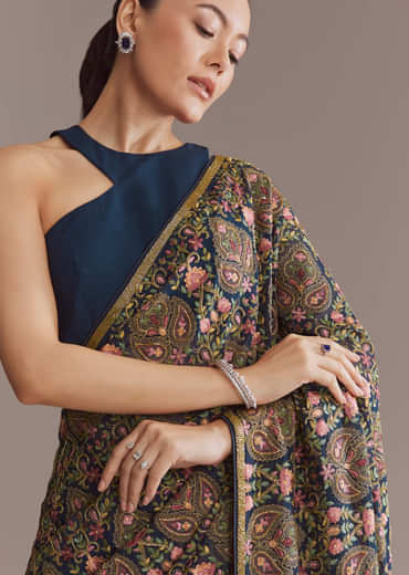 Navy Blue Georgette Saree With Kashmiri Kashida Embroidery
