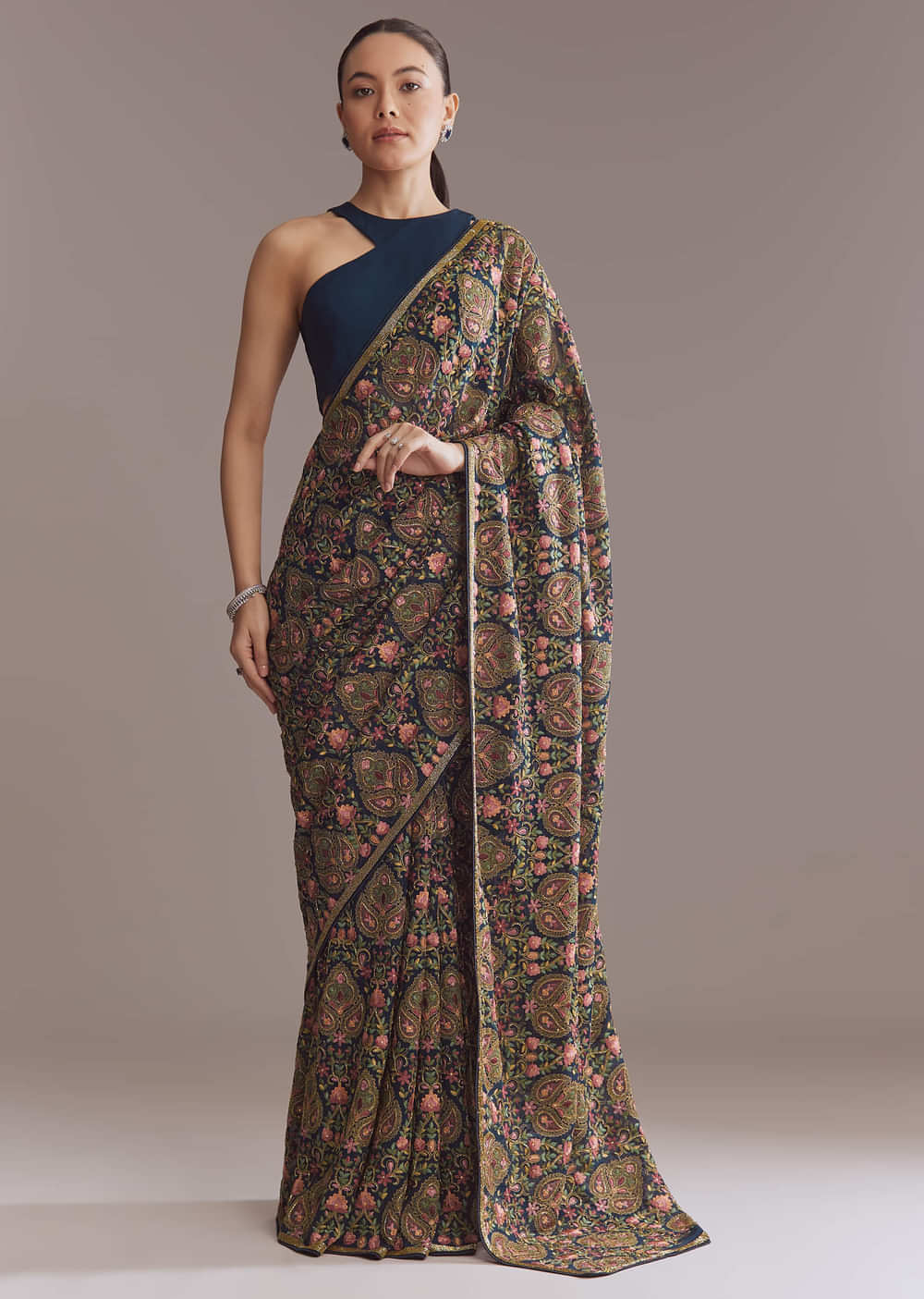 Navy Blue Georgette Saree With Kashmiri Kashida Embroidery