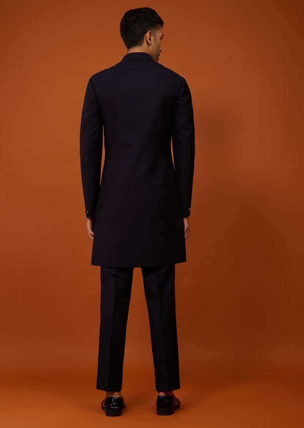 Navy Blue Indo-Western Embroidered Sherwani Set In Imported Suiting Fabric