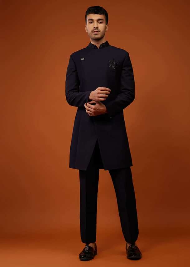 Navy Blue Indo-Western Embroidered Sherwani Set In Imported Suiting Fabric