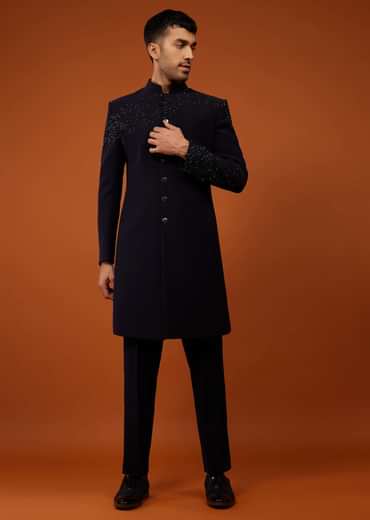 Navy Blue Indo-Western Sherwani Set Embroidered In Japanese Suiting Fabric