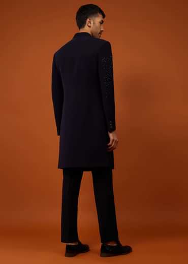 Navy Blue Indo-Western Sherwani Set Embroidered In Japanese Suiting Fabric