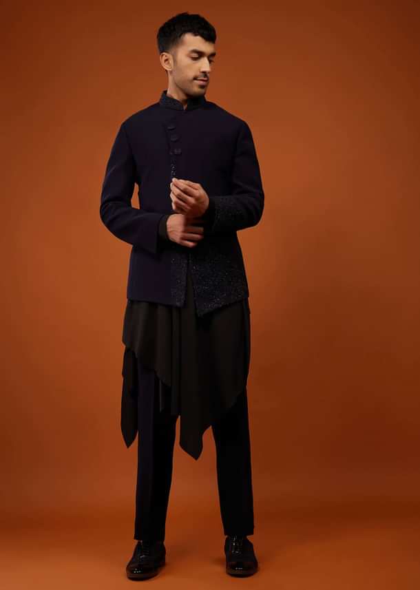 Navy Blue Indo-Western Sherwani Set Embroidered In Imported Suiting Fabric