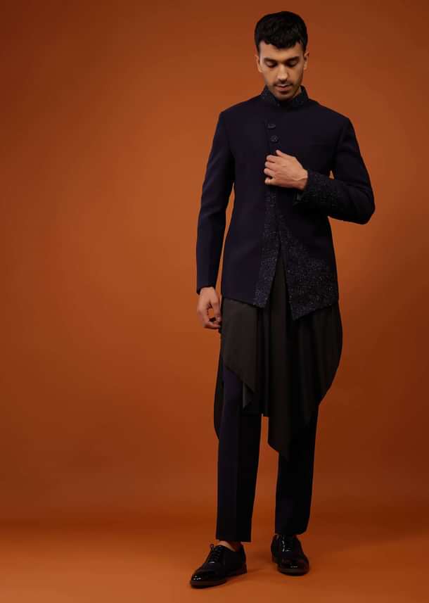 Navy Blue Indo-Western Sherwani Set Embroidered In Imported Suiting Fabric