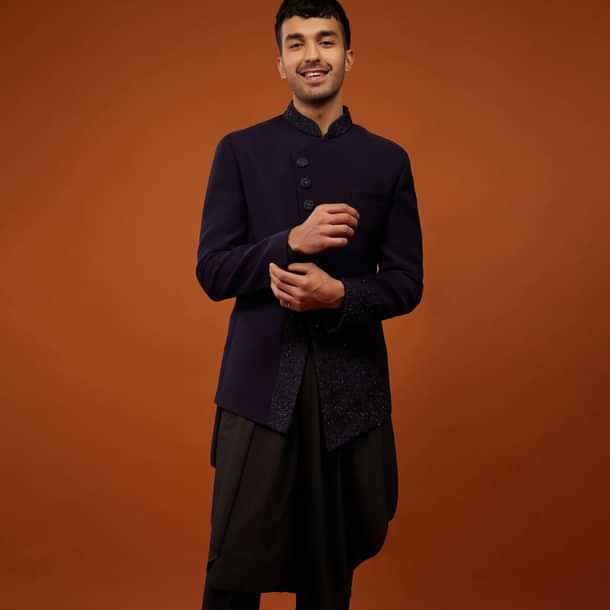 Navy Blue Indo-Western Sherwani Set Embroidered In Imported Suiting Fabric