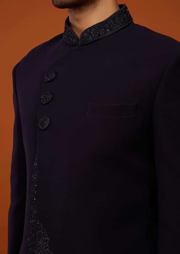 Navy Blue Indo-Western Sherwani Set Embroidered In Imported Suiting Fabric