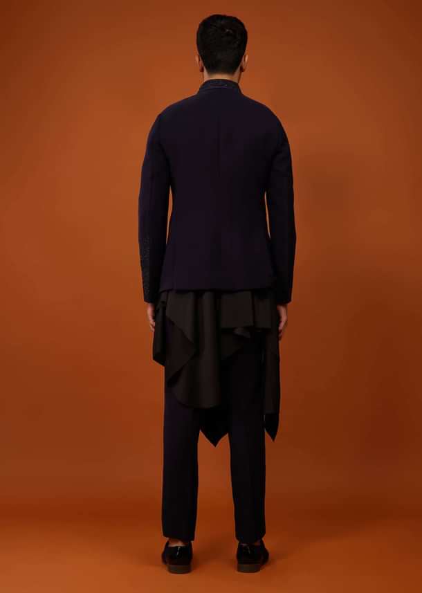 Navy Blue Indo-Western Sherwani Set Embroidered In Imported Suiting Fabric