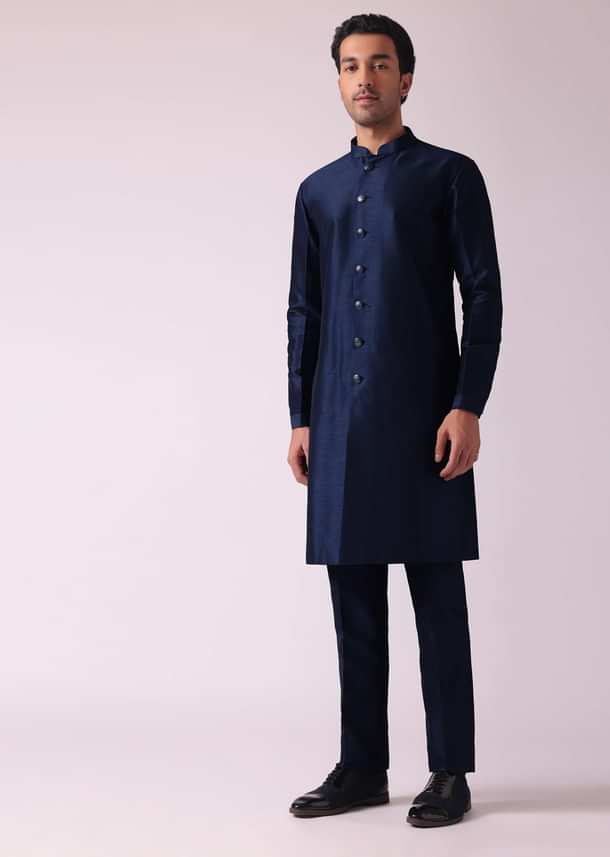 Navy Blue Indowestern Set In Dupion Navy Blue Indowestern Set In Dupion