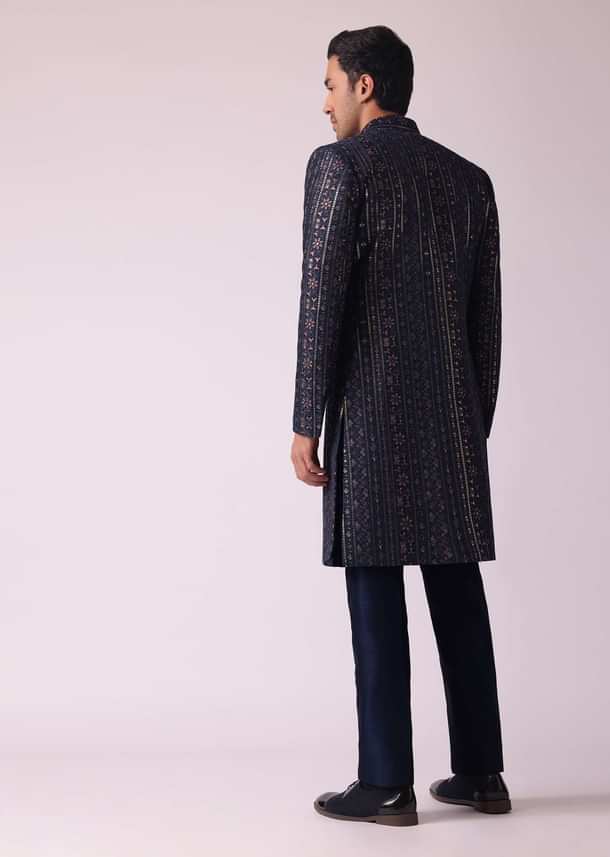 Navy Blue Indowestern Set In Dupion Navy Blue Indowestern Set In Dupion