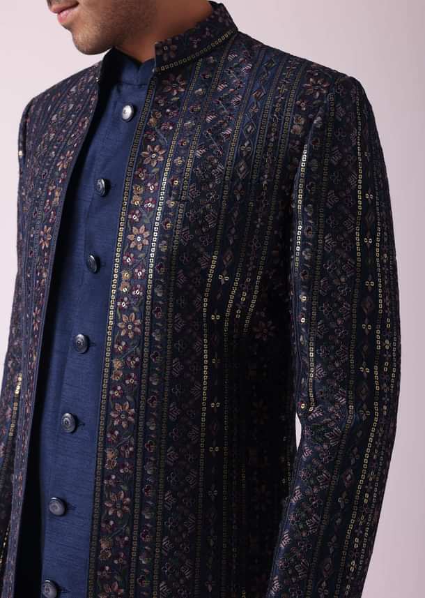 Navy Blue Indowestern Set In Dupion Navy Blue Indowestern Set In Dupion