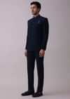 Navy Blue Indowestern Achkan Set In Suiting Fabric With Moti Embroidery