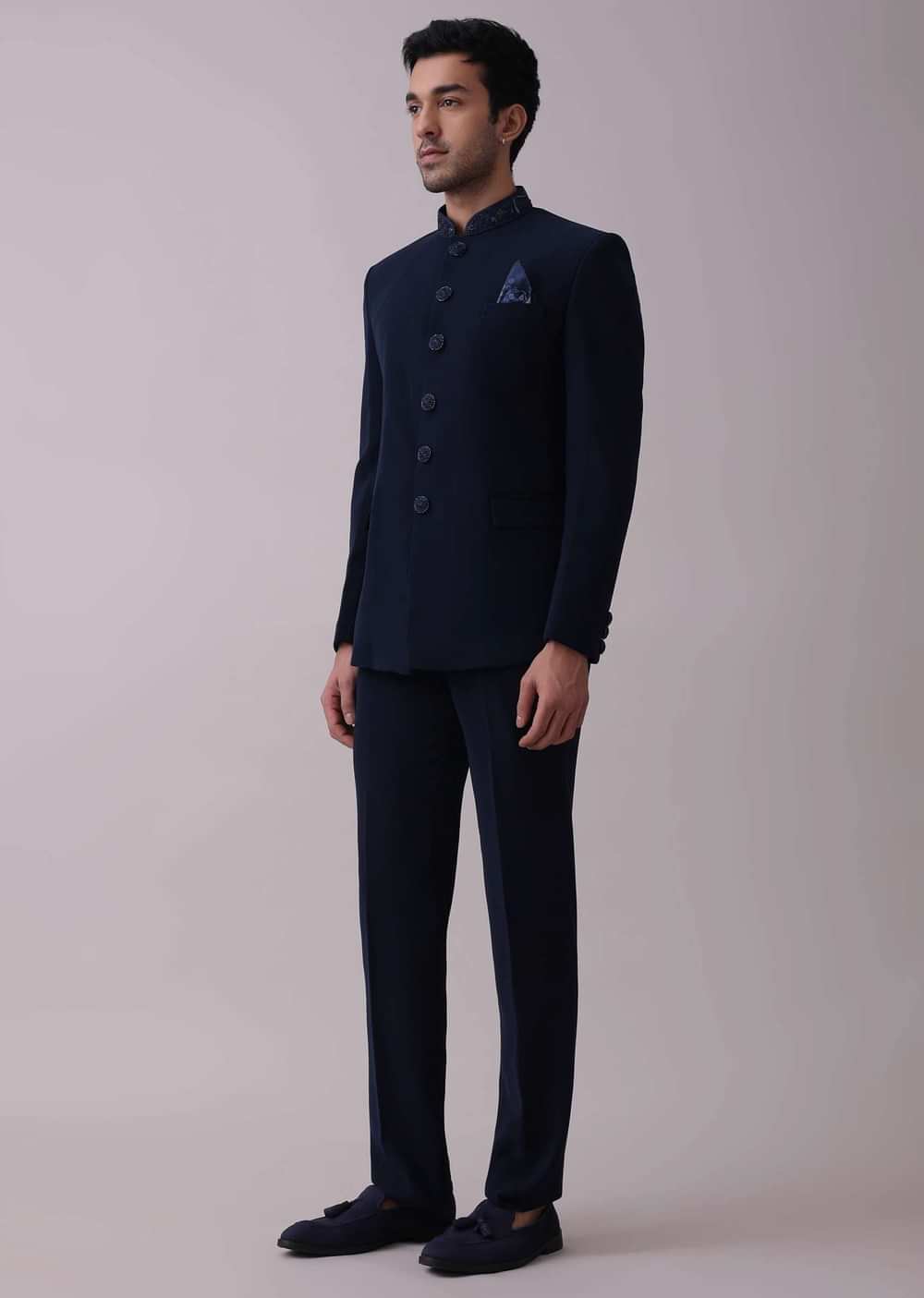Navy Blue Indowestern Achkan Set In Suiting Fabric With Moti Embroidery