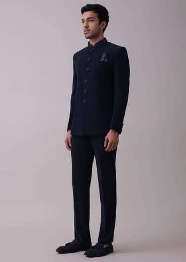 Navy Blue Indowestern Achkan Set In Suiting Fabric With Moti Embroidery