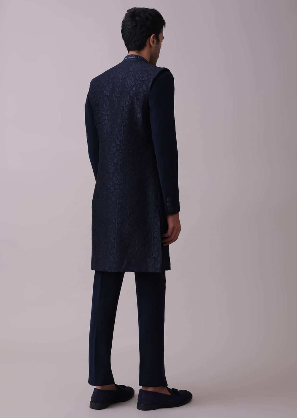 Navy Blue Indowestern Achkan Set In Suiting Fabric With Moti Embroidery