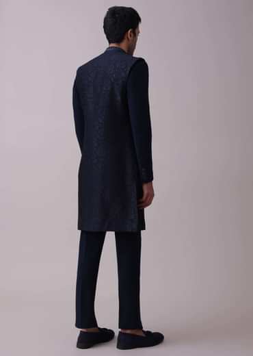 Navy Blue Indowestern Achkan Set In Suiting Fabric With Moti Embroidery