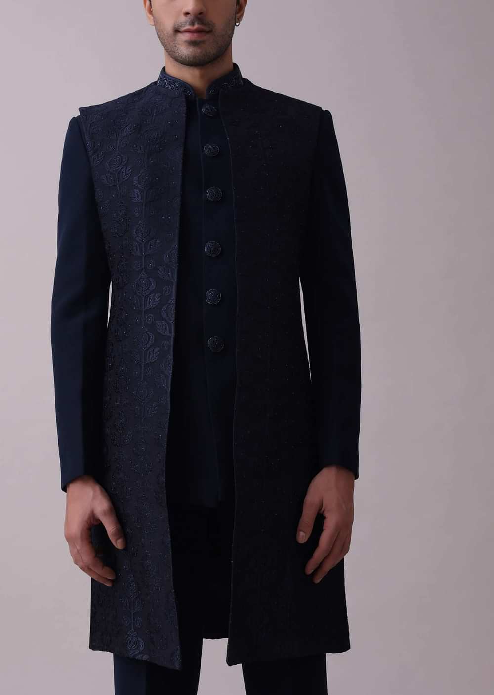Navy Blue Indowestern Achkan Set In Suiting Fabric With Moti Embroidery