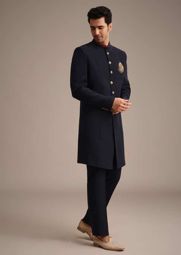 Navy Blue Indowestern Set With Animal Motif Brooch Navy Blue Indowestern Set With Animal Motif Brooch