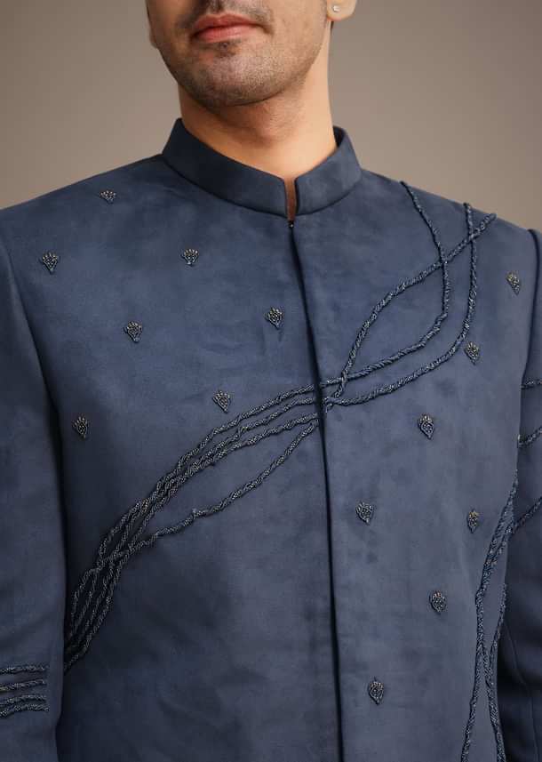 Navy Blue Indowestern Set With Dori Hand Work