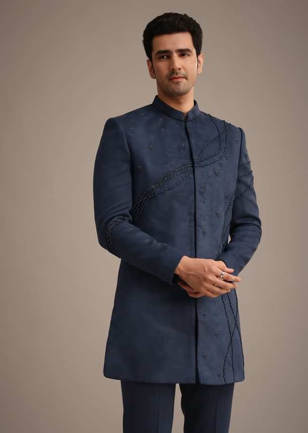 Navy Blue Indowestern Set With Dori Hand Work