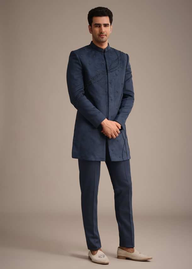 Navy Blue Indowestern Set With Dori Hand Work