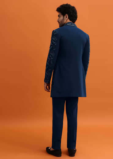 Navy Blue Indowestern Set With Hand Work For Men