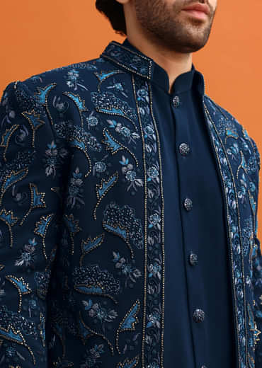 Navy Blue Indowestern Set With Hand Work For Men