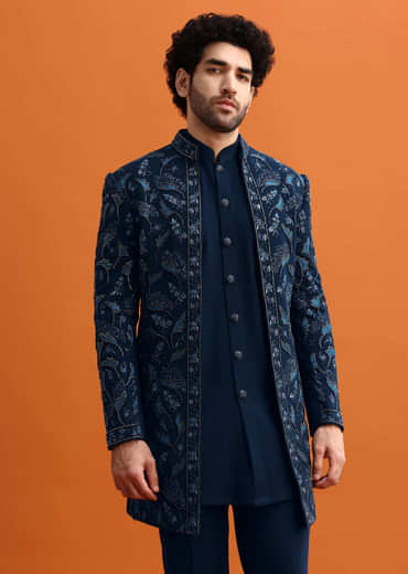 Navy Blue Indowestern Set With Hand Work For Men