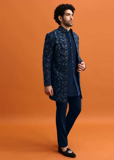 Navy Blue Indowestern Set With Hand Work For Men