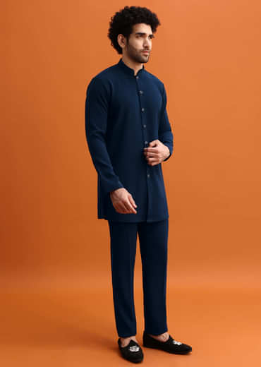 Navy Blue Indowestern Set With Hand Work For Men