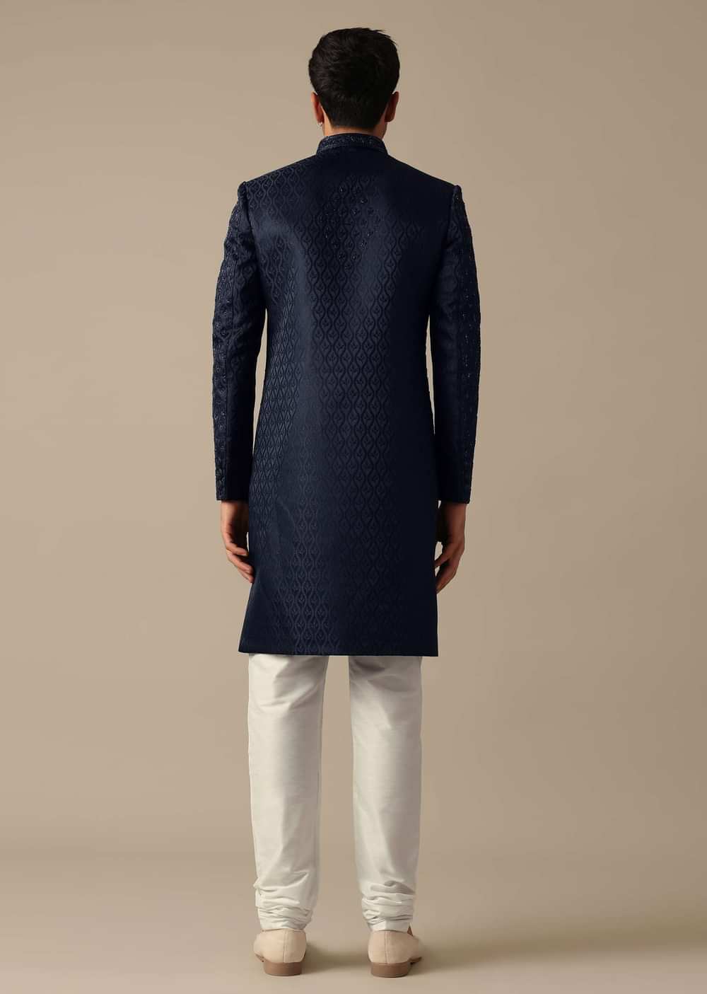 Navy Blue Jacquard Sherwani Set With Cutdana Embroidery