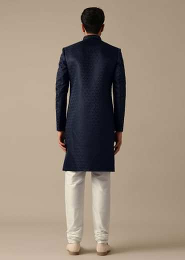 Navy Blue Jacquard Sherwani Set With Cutdana Embroidery
