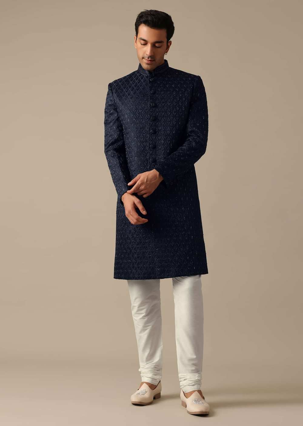 Navy Blue Jacquard Sherwani Set With Cutdana Embroidery