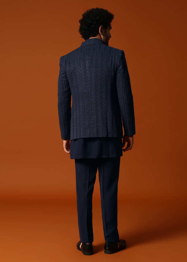 Navy Blue Jodhpuri Set In Resham Work For Men