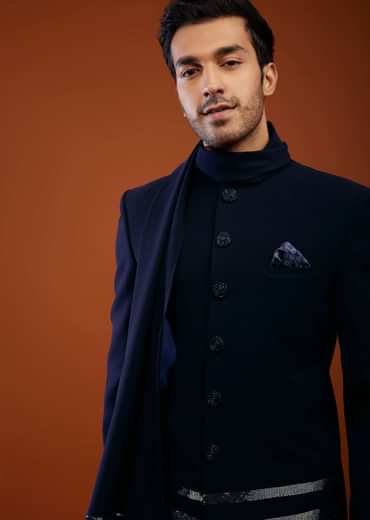Navy Blue Jodhpuri Sherwani Set In Imported Suiting Fabric