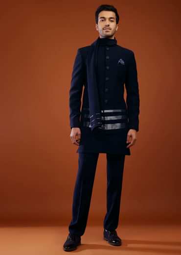 Navy Blue Jodhpuri Sherwani Set In Imported Suiting Fabric