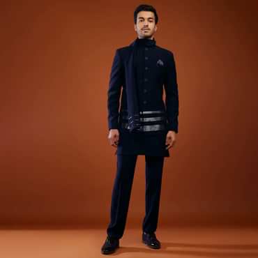 Navy Blue Jodhpuri Sherwani Set In Imported Suiting Fabric
