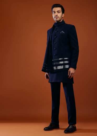 Navy Blue Jodhpuri Sherwani Set In Imported Suiting Fabric