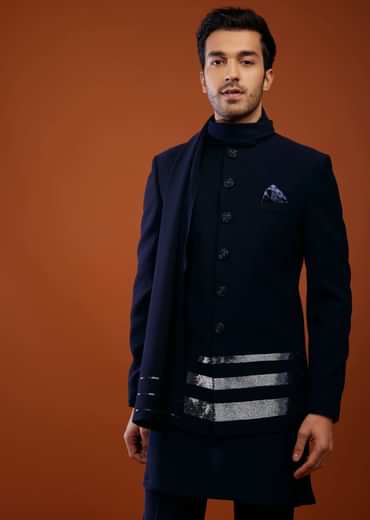 Navy Blue Jodhpuri Sherwani Set In Imported Suiting Fabric