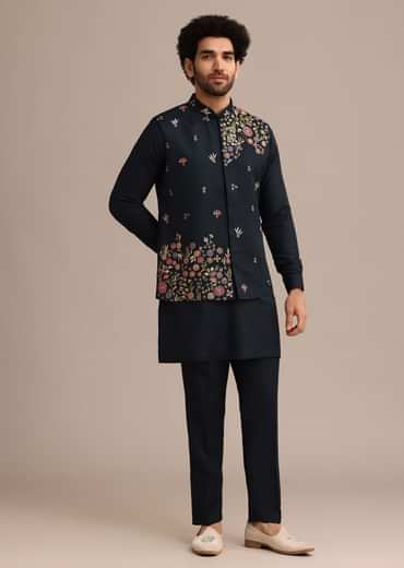 Navy Blue Kurta Jacket Set With Floral Embroidered Motifs