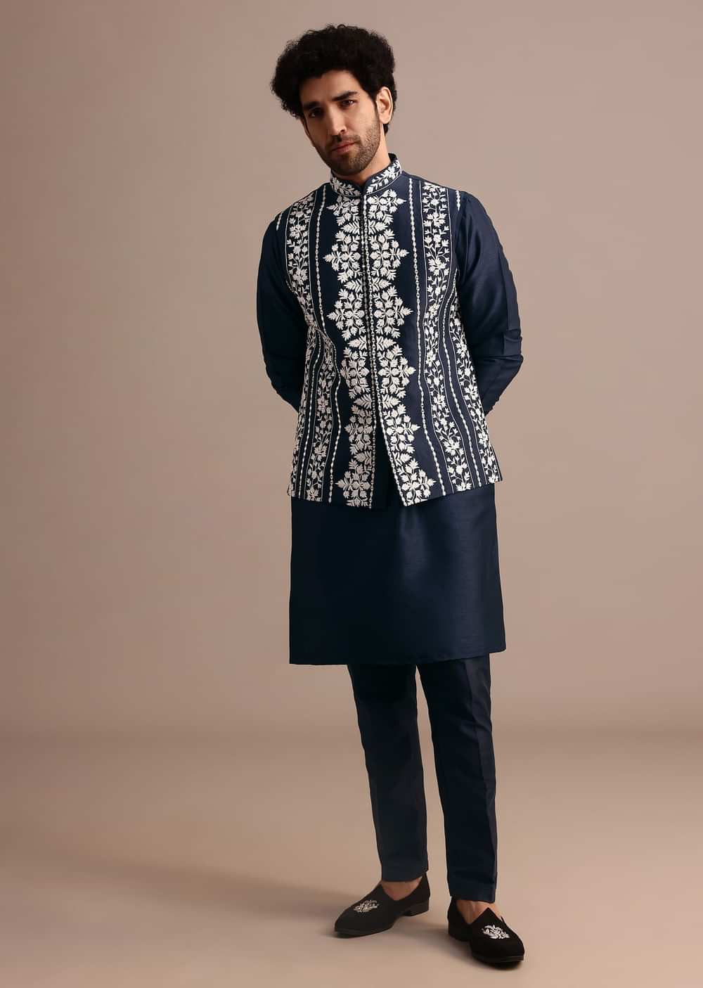 Navy Blue Kurta Jacket Set With Thread And Mirror Work