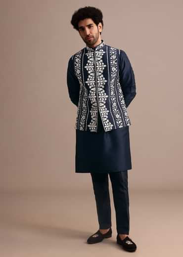Navy Blue Kurta Jacket Set With Thread And Mirror Work