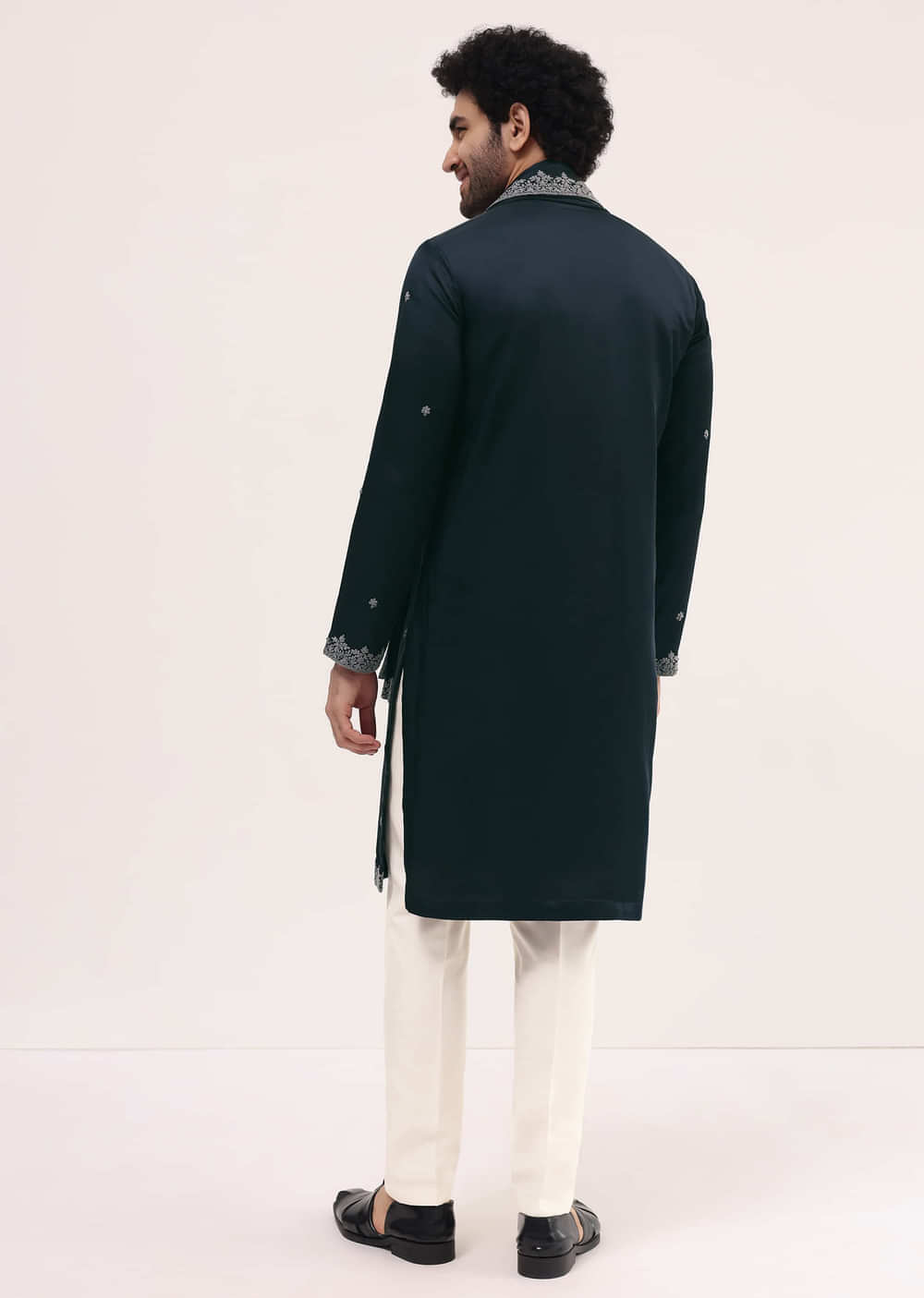 Navy Blue Kurta Set In Resham Work With Dupatta For Men