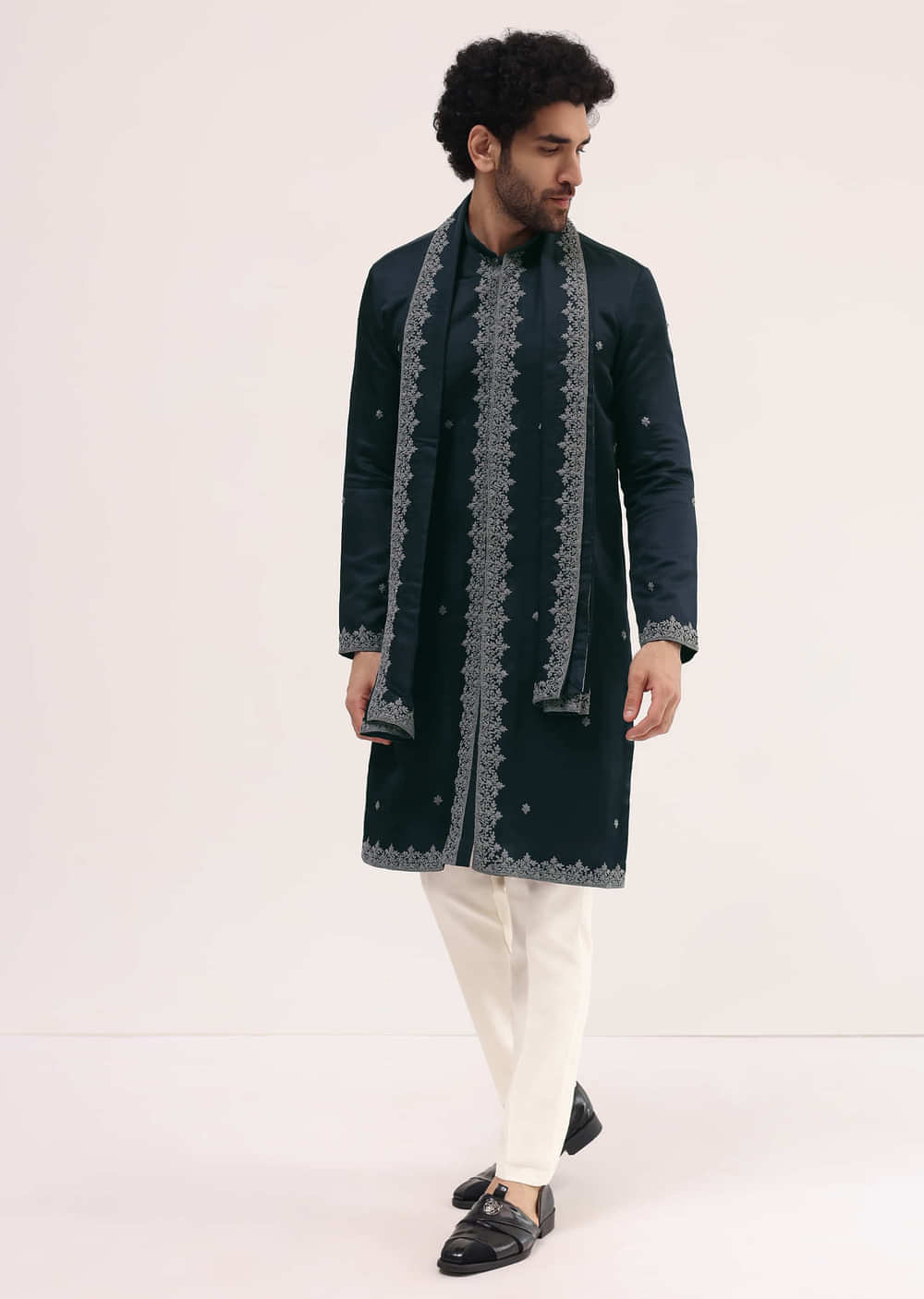 Navy Blue Kurta Set In Resham Work With Dupatta For Men