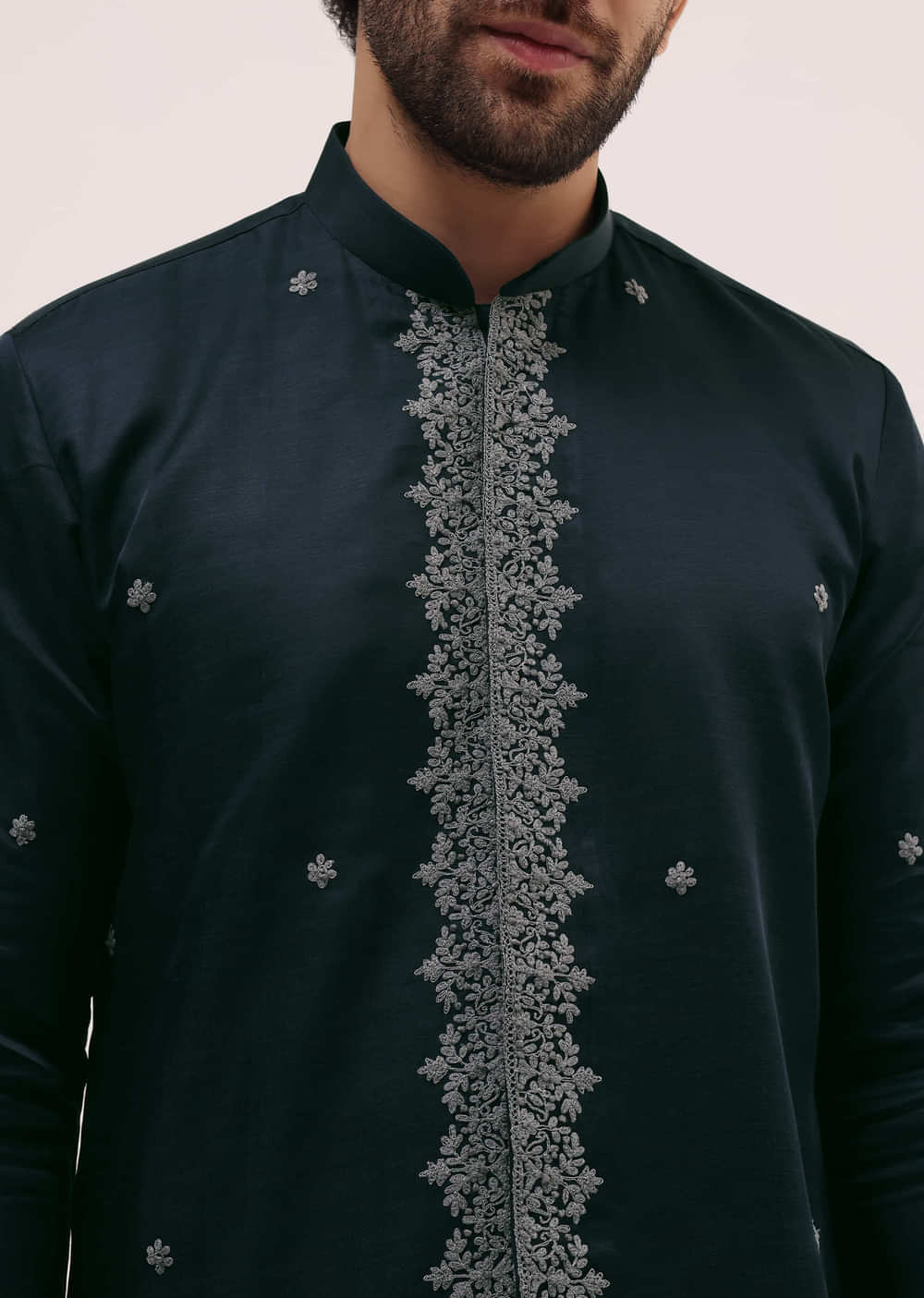 Navy Blue Kurta Set In Resham Work With Dupatta For Men