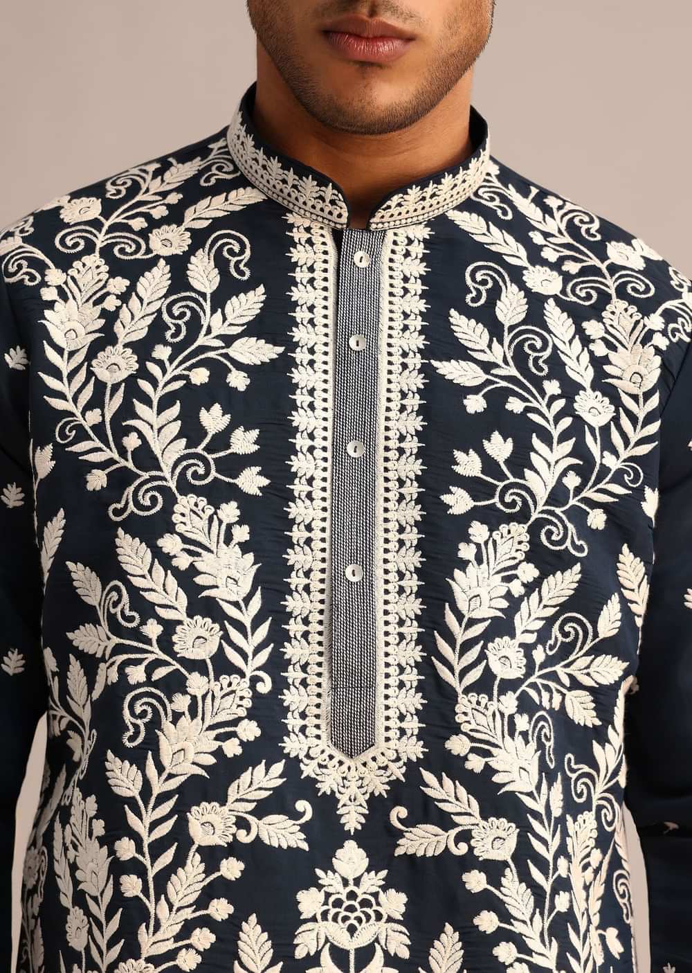 Navy Blue Kurta Set With Floral Resham Work